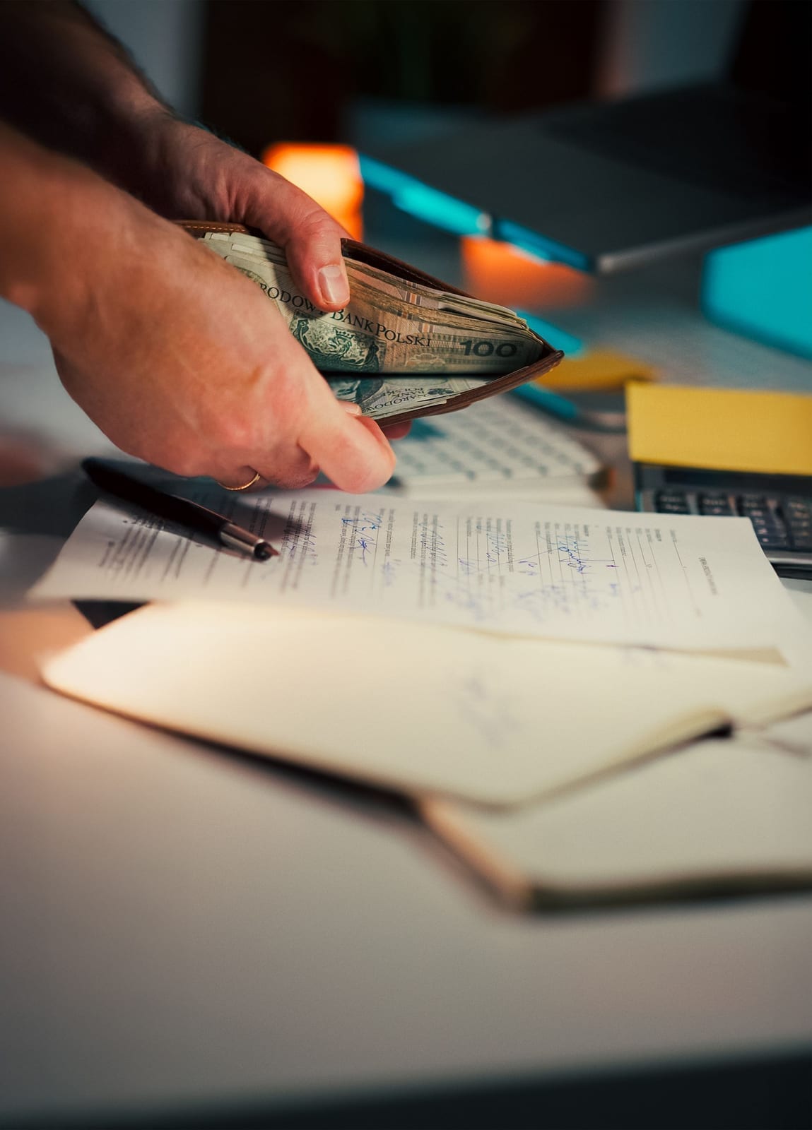 Hands handling cash and paperwork on a desk