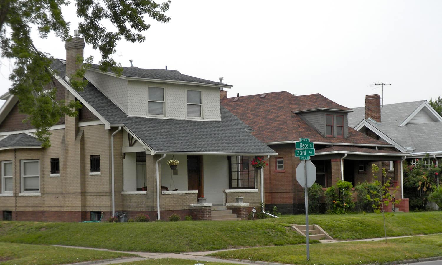 Brick houses at the corner of 33rd and Race in the Cole Neighborhood Historic District of Denver